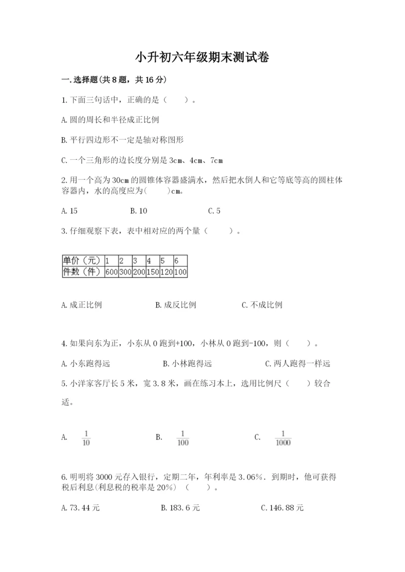 小升初六年级期末测试卷有解析答案.docx