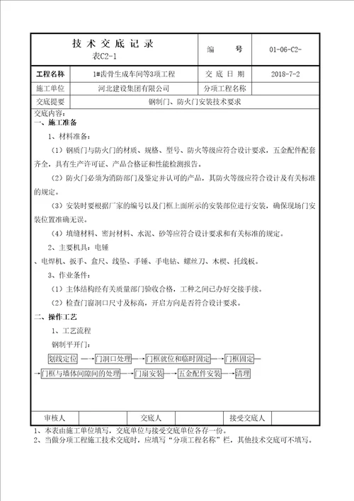 钢质门防火门安装技术交底