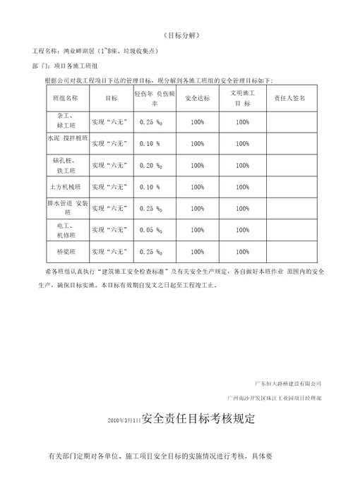 1、工程项目安全管理目标