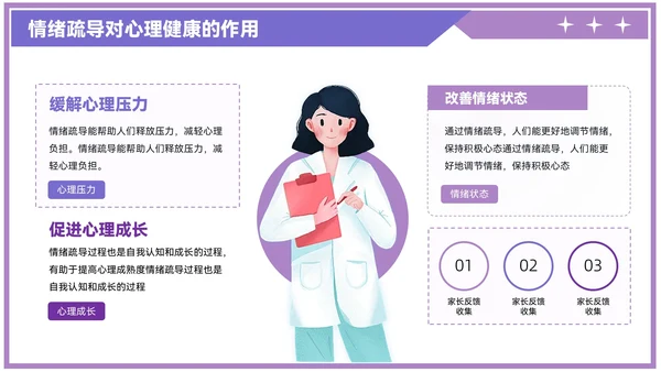 紫色插画风情绪疏导与心理健康PPT模板