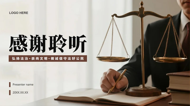致谢页-棕色简约实景风法律行业工作总结PPT单页