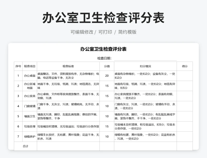 办公室卫生检查评分表