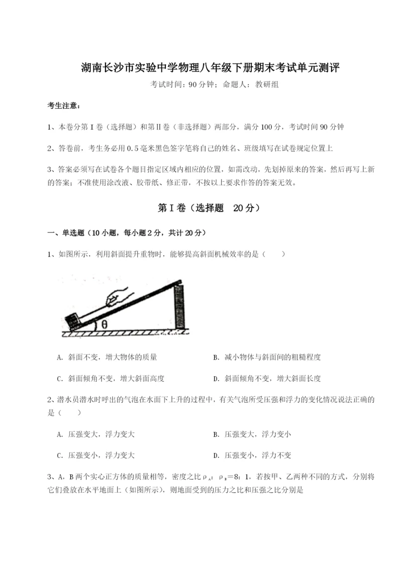 专题对点练习湖南长沙市实验中学物理八年级下册期末考试单元测评试卷（详解版）.docx