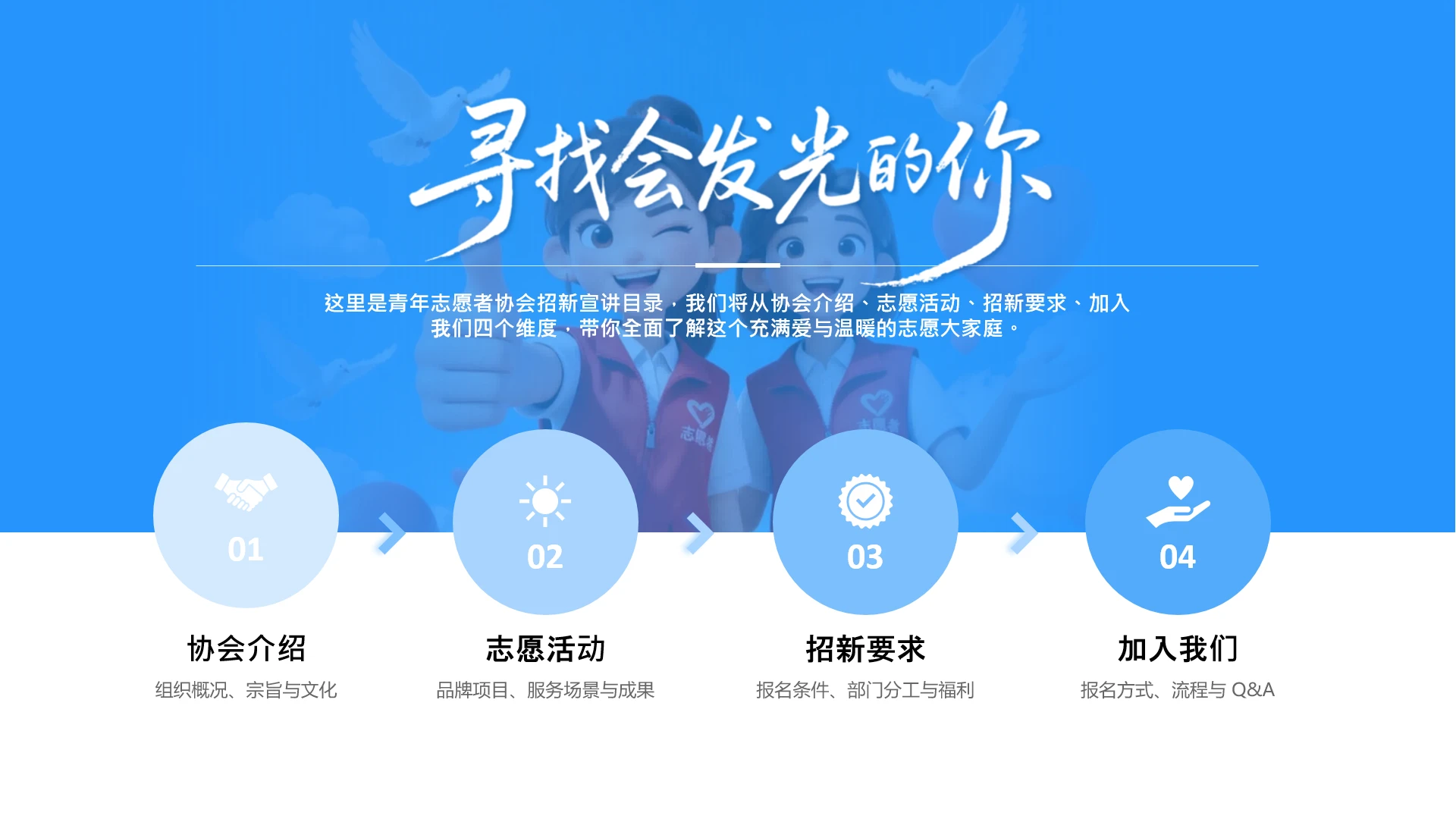 目录页-蓝天插画创意志愿者社团招新活动宣传PPT单页