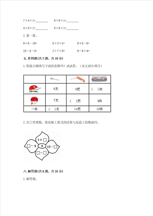 冀教版一年级上册数学第九单元 20以内的减法 测试卷及参考答案【基础题】