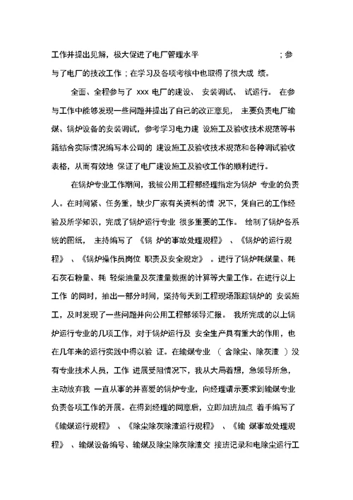 电厂个人专业技术自我总结