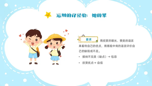 蓝色云朵边框卡通正确认识自我主题班会PPT模板