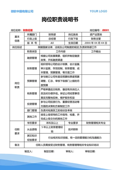 岗位职责说明书（财务经理）