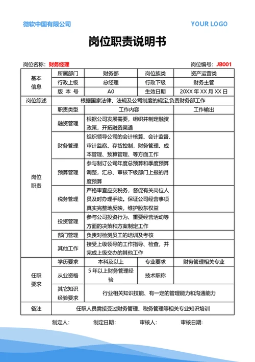 岗位职责说明书（财务经理）