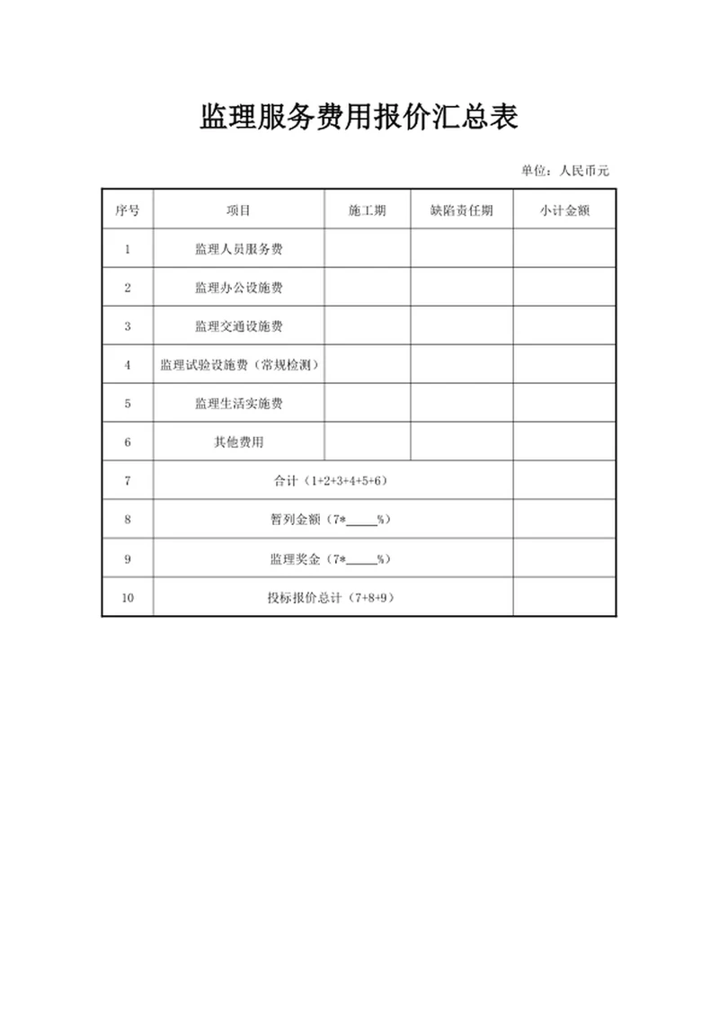 监理服务费用报价汇总表