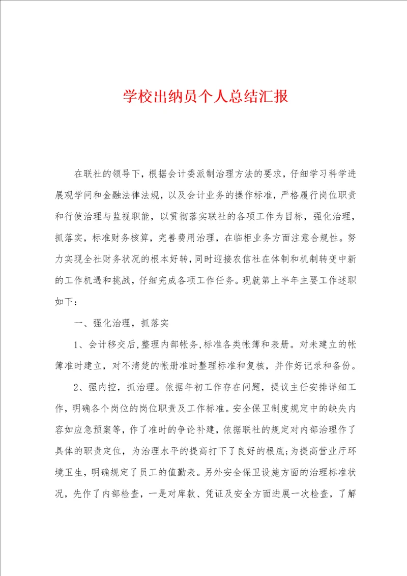 学校出纳员个人总结汇报