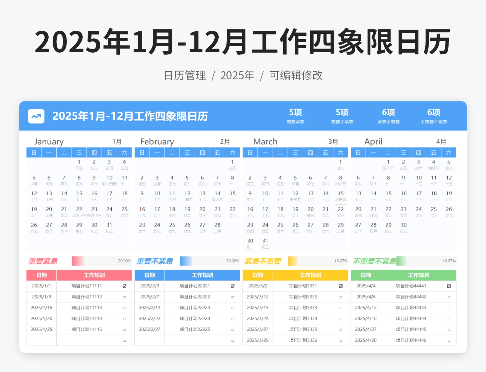 2025年1月-12月工作四象限日历