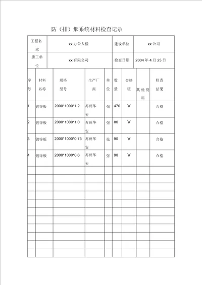 防排烟系统材料检查记录