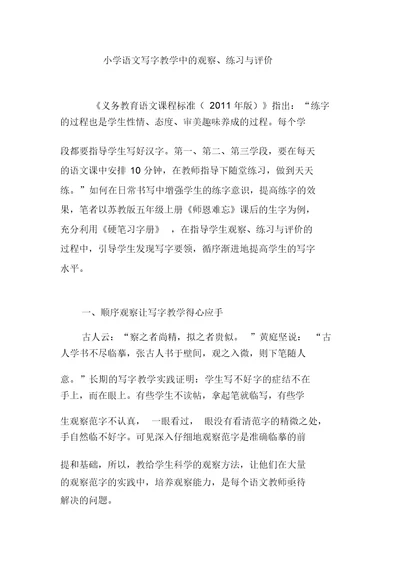 小学语文写字教学中的观察、练习与评价