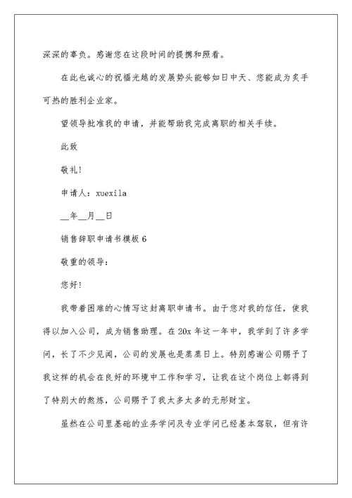销售辞职申请书模板6篇