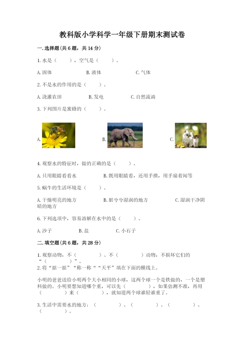 教科版小学科学一年级下册期末测试卷及参考答案（综合题）.docx