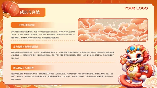 蛇年大吉红橙色中式简约边框科技公司年会总结PPT模板