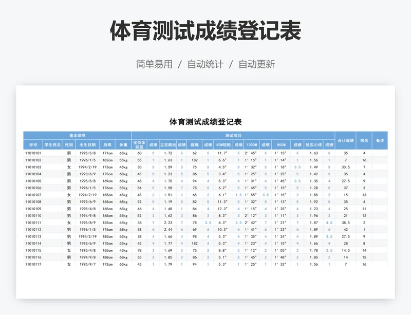 体育测试成绩登记表