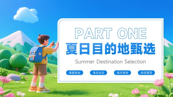 蓝色3D风8月旅游攻略夏日限定旅程