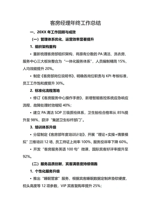 客房经理年终工作总结