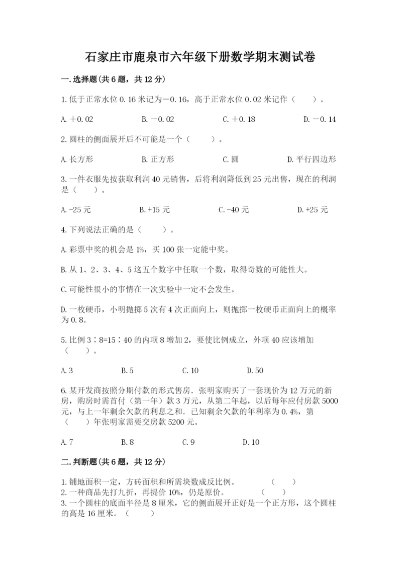 石家庄市鹿泉市六年级下册数学期末测试卷及完整答案一套.docx