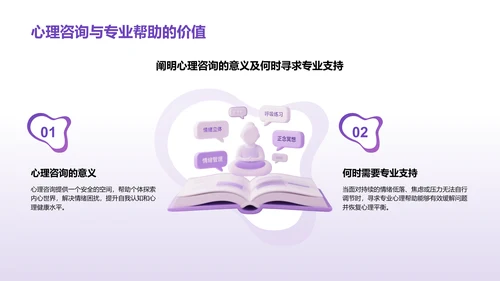 紫色3D渲染风心理健康知识分享PPT模板