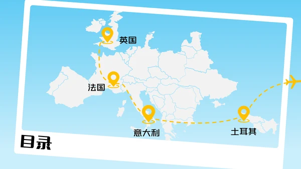 蓝色简约插画风欧洲旅游攻略PPT模板