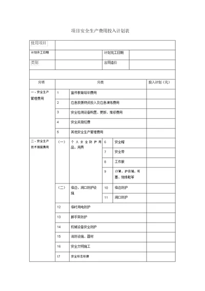 项目安全生产费用投入计划规划方案及台账