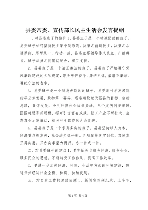 县委常委、宣传部长民主生活会发言提纲.docx