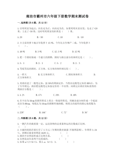 廊坊市霸州市六年级下册数学期末测试卷精品有答案.docx