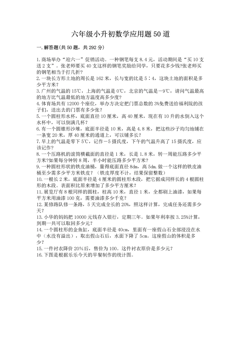 六年级小升初数学应用题50道附参考答案（b卷）.docx