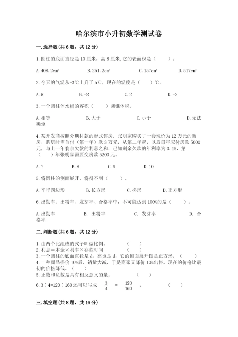 哈尔滨市小升初数学测试卷完美版.docx