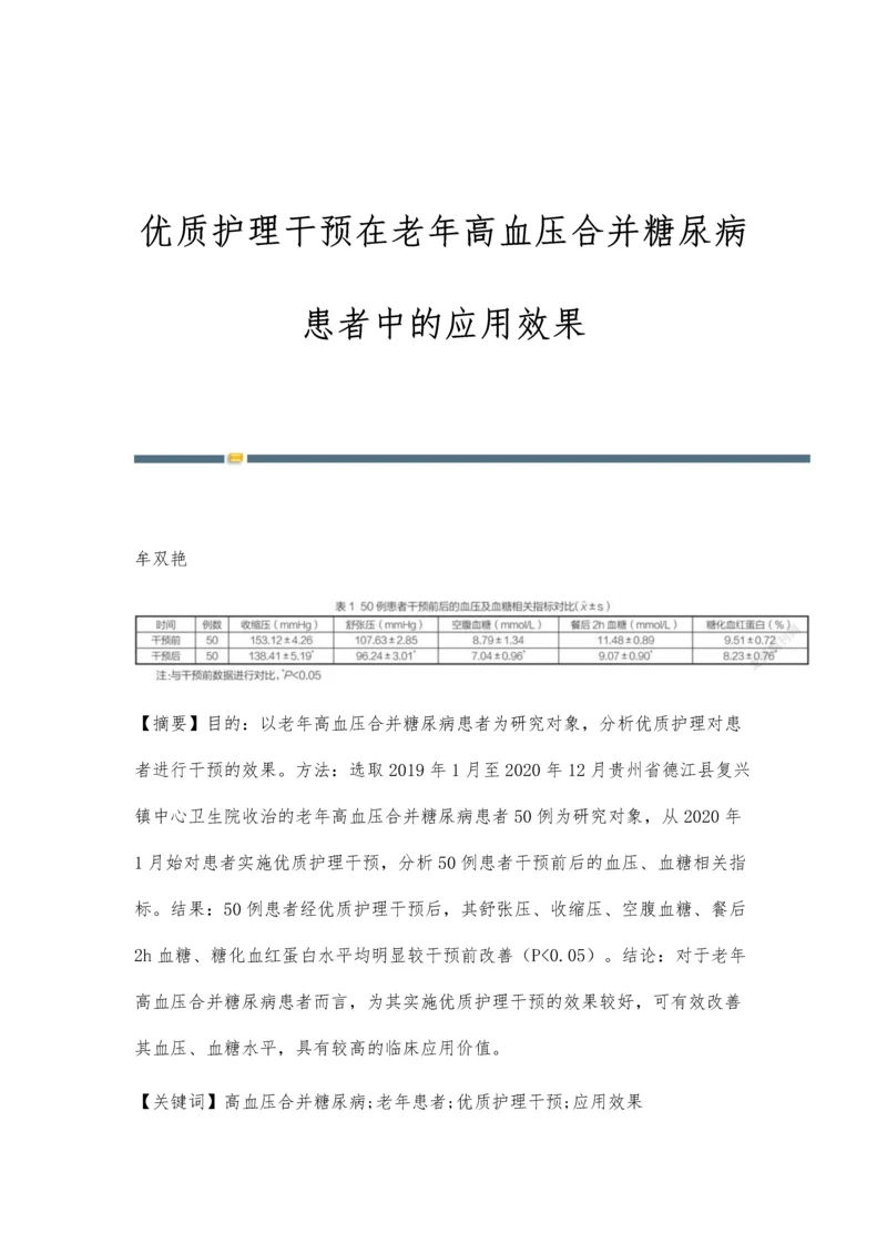 优质护理干预在老年高血压合并糖尿病患者中的应用效果.docx