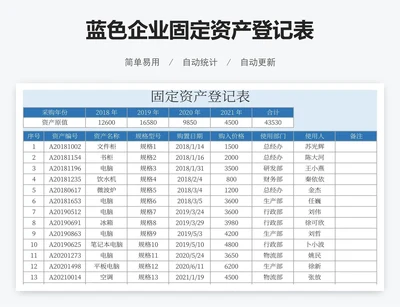 蓝色企业固定资产登记表