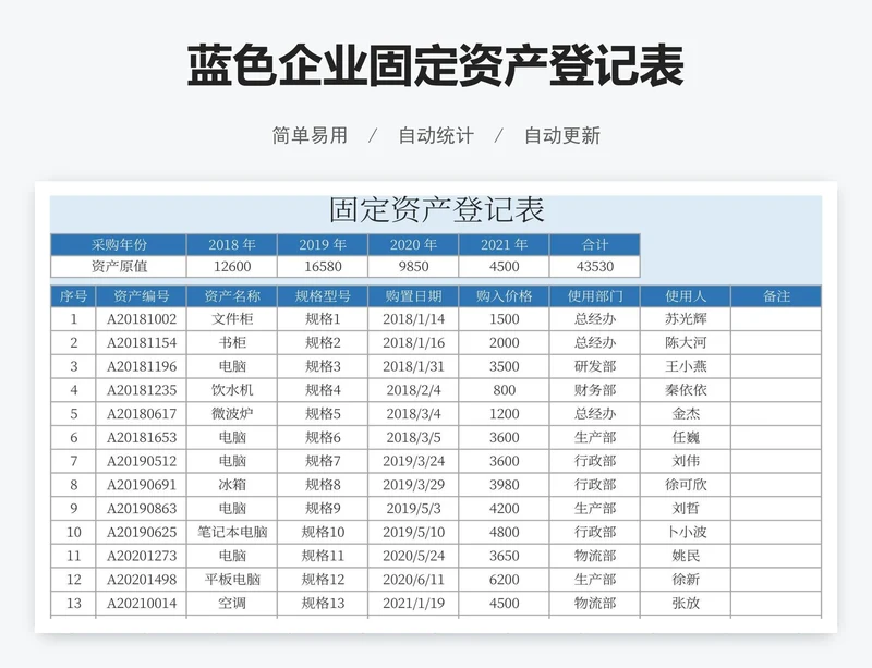 蓝色企业固定资产登记表