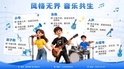 蓝色渐变卡通3D音乐社团招新PPT单页