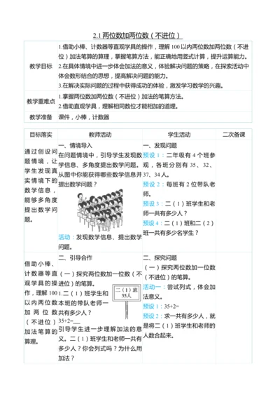 （大单元整体教学）2.1两位数加两位数（不进位）（表格式）教学设计  人教版 二年级上册数学