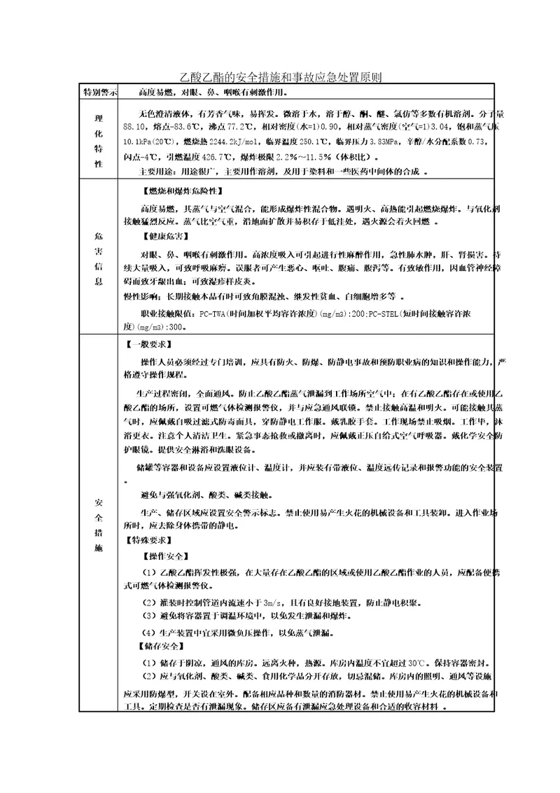 乙酸乙酯的安全措施和事故应急处置原则