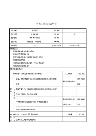 煤炭事业部调度主管岗位职责