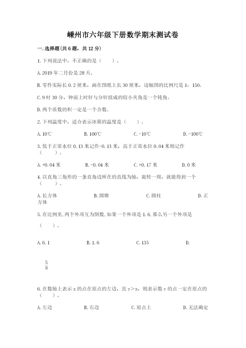 嵊州市六年级下册数学期末测试卷（全优）.docx