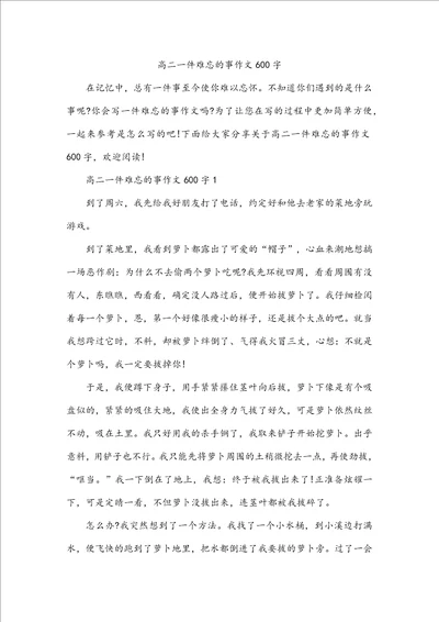 高二一件难忘的事作文600字