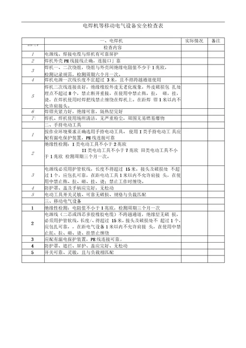 电焊机等移动电气设备安全检查表