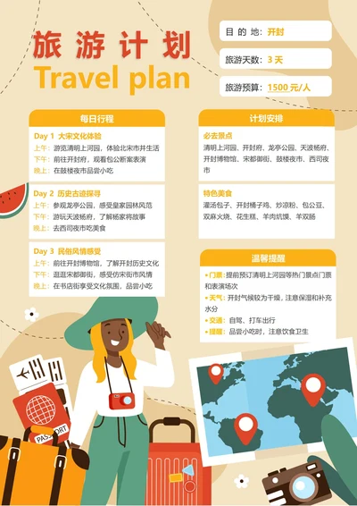 (开封)旅游计划3天