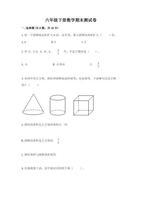 六年级下册数学期末测试卷含答案（黄金题型）.docx