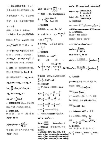 高二数学会考知识点小抄版