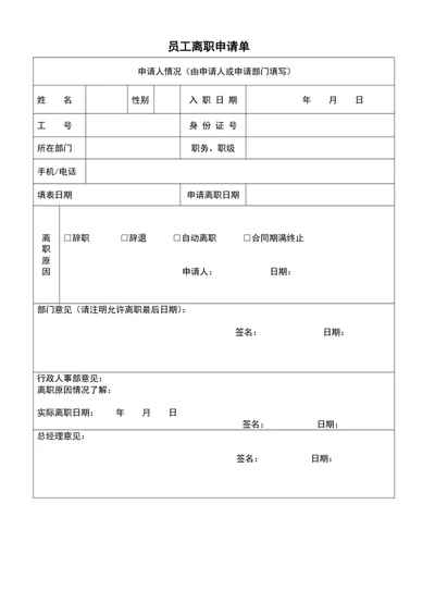 员工离职申请单word表格模板