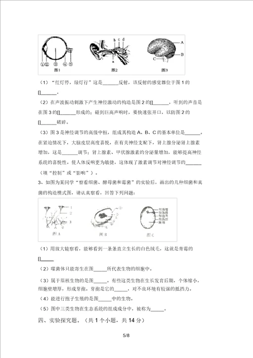 2021年八年级生物上册期末考试卷及答案2021年