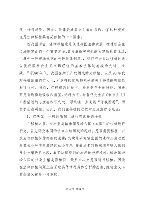 关于我国的法律移植问题浅探演讲范文.docx