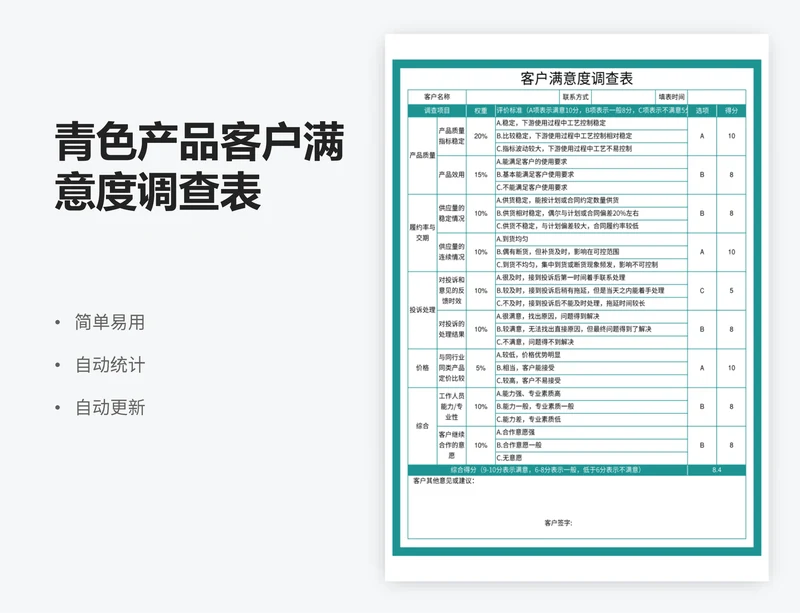 青色产品客户满意度调查表