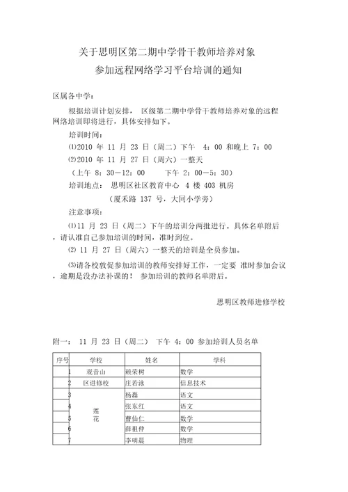 关于思明区第二期中学骨干教师培养对象